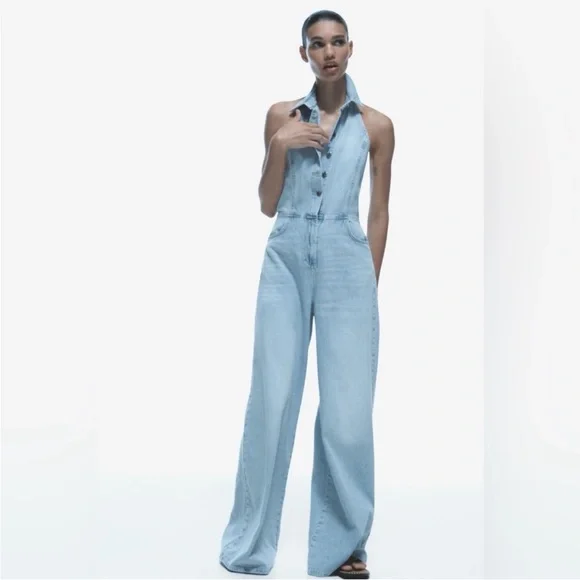 ZARA Light Blue Denim Jumpsuit SIZE: XS - Picture 2 of 15